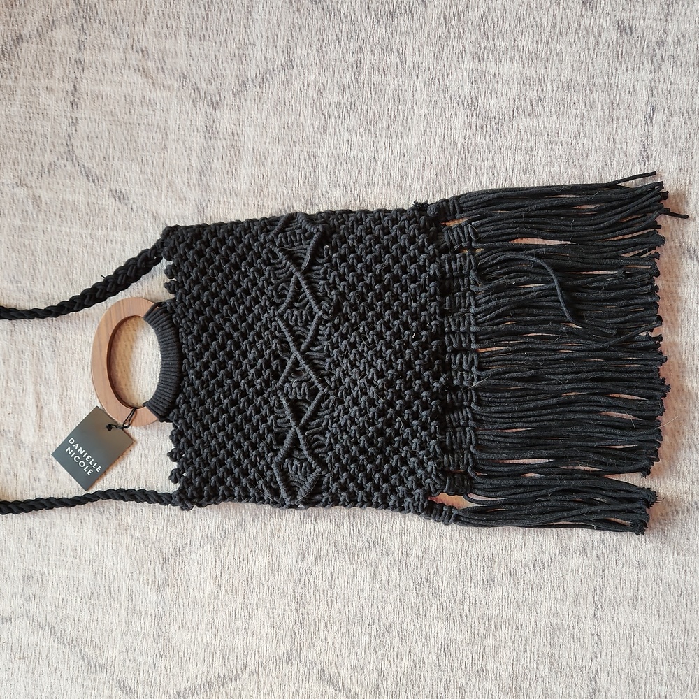 Danielle Nicole black crochet fringe purse- with crossbody/shoulder strap, NWT